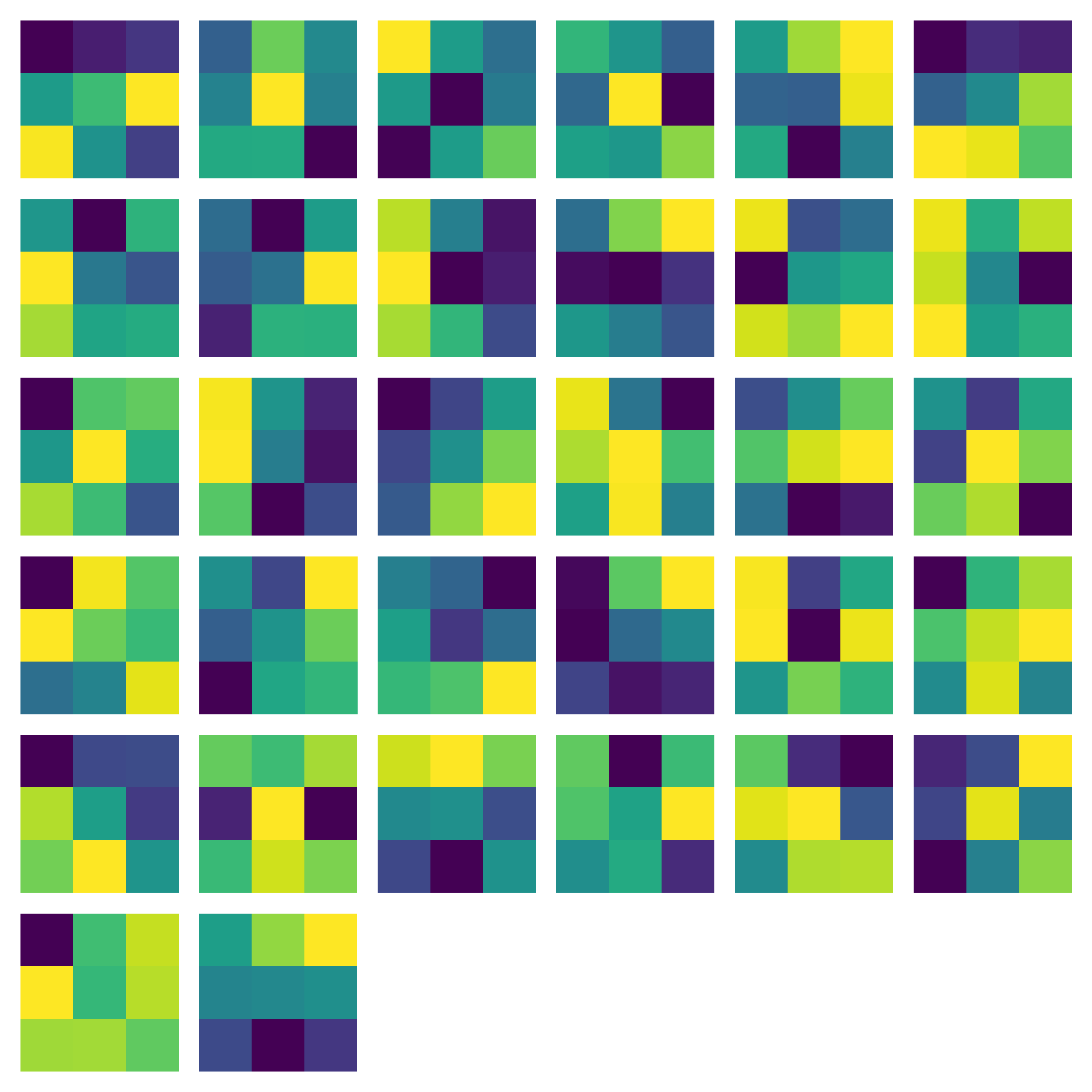 Grid visualization of the 32 learned convolutional filters from the first layer.