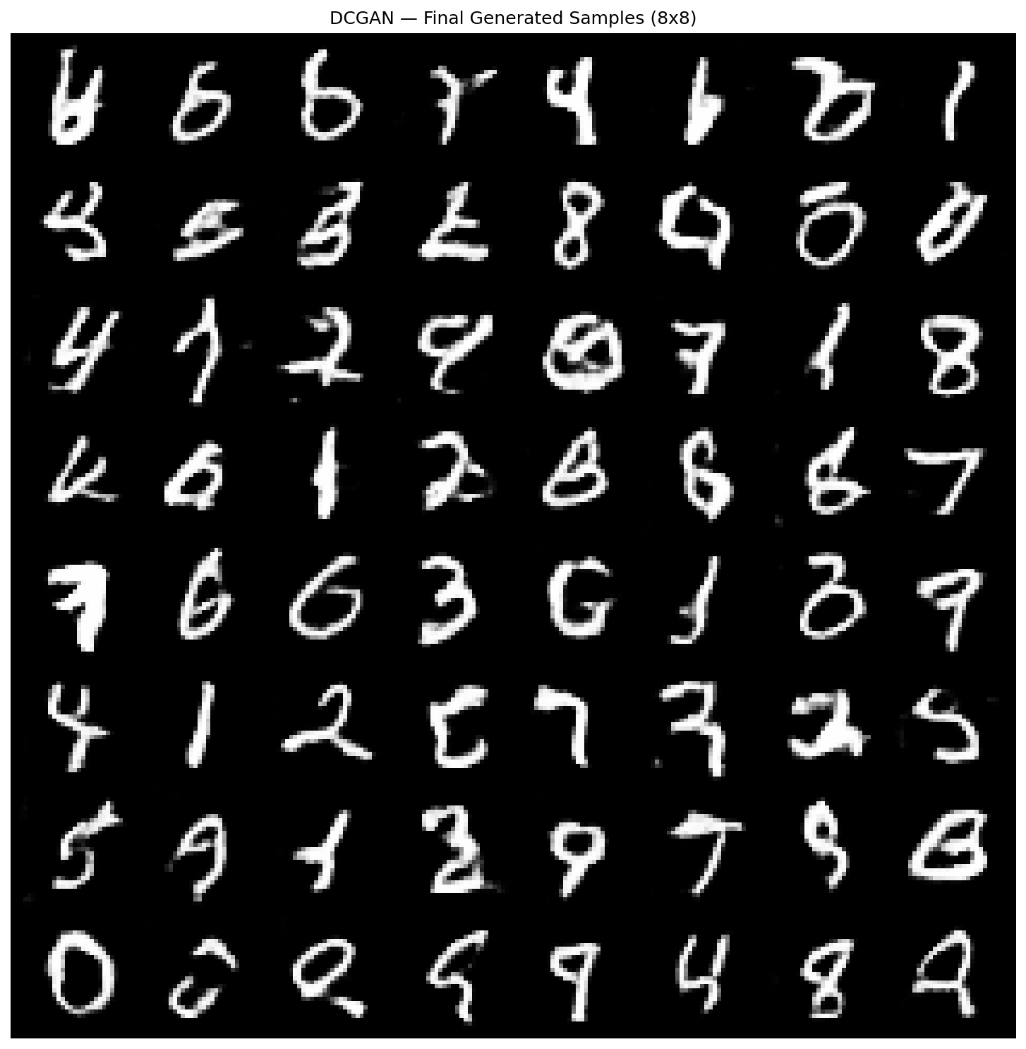 Grid of digits generated by the DCGAN after 50 epochs.