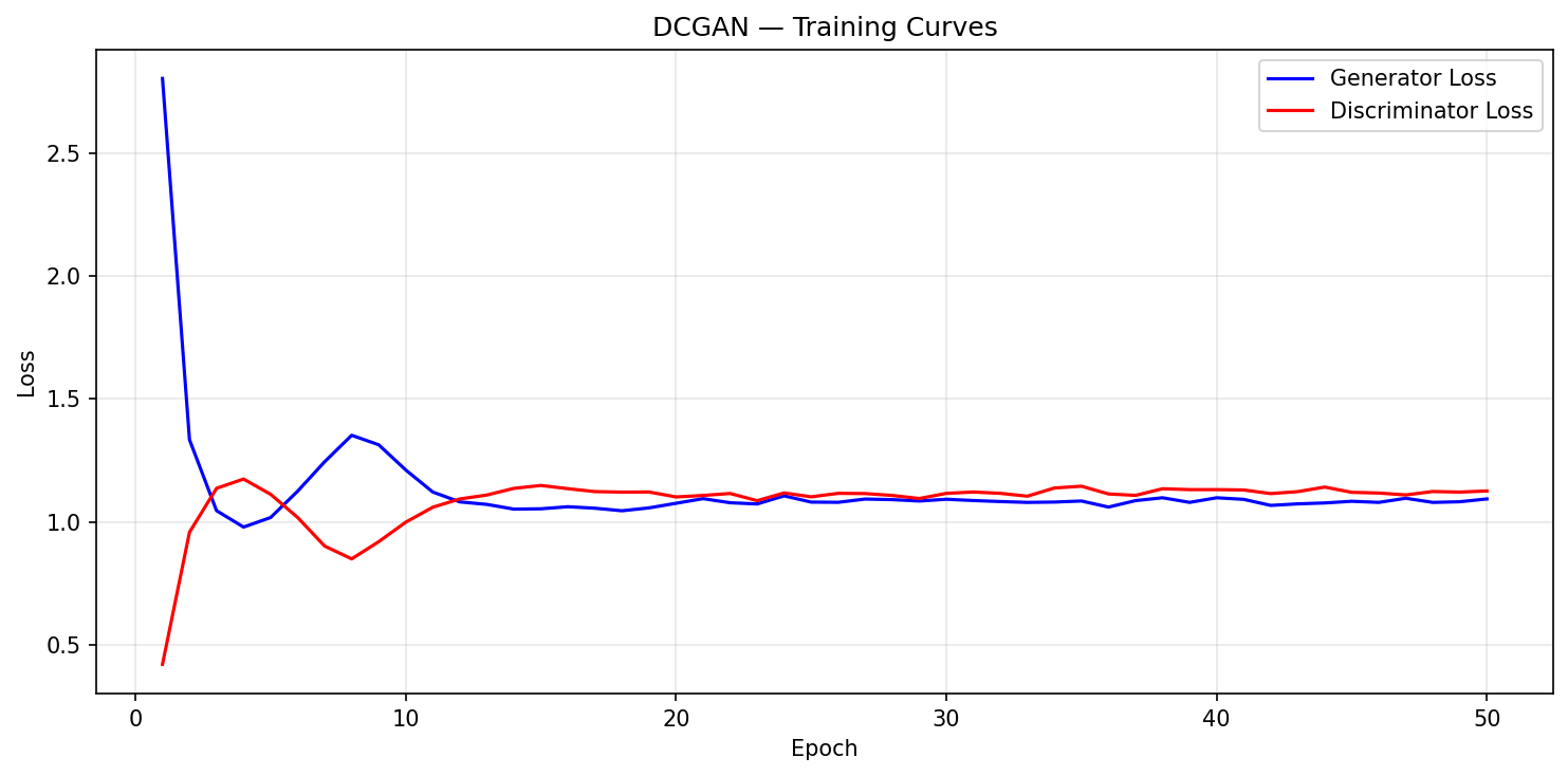DCGAN training curves showing Generator and Discriminator loss over 50 epochs.