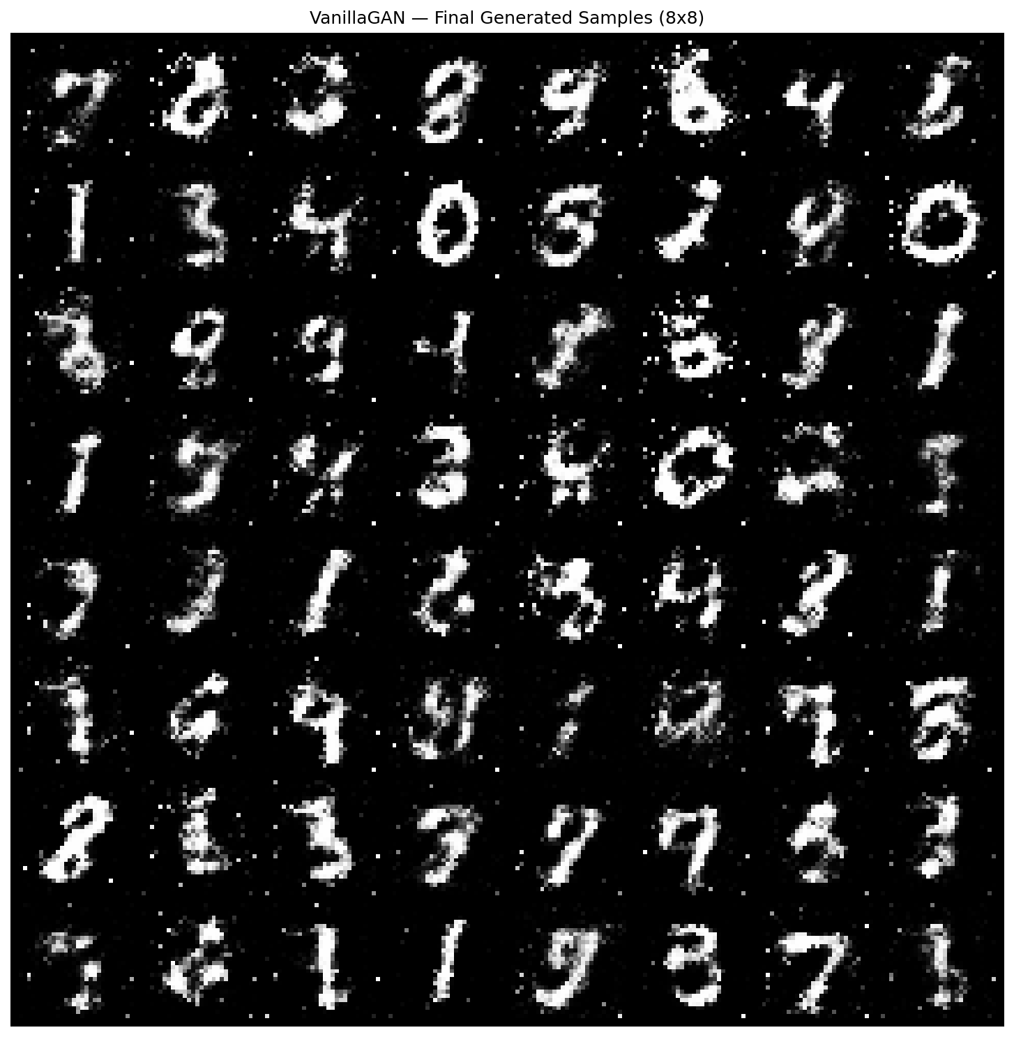 Grid of digits generated by the Vanilla GAN after 50 epochs.