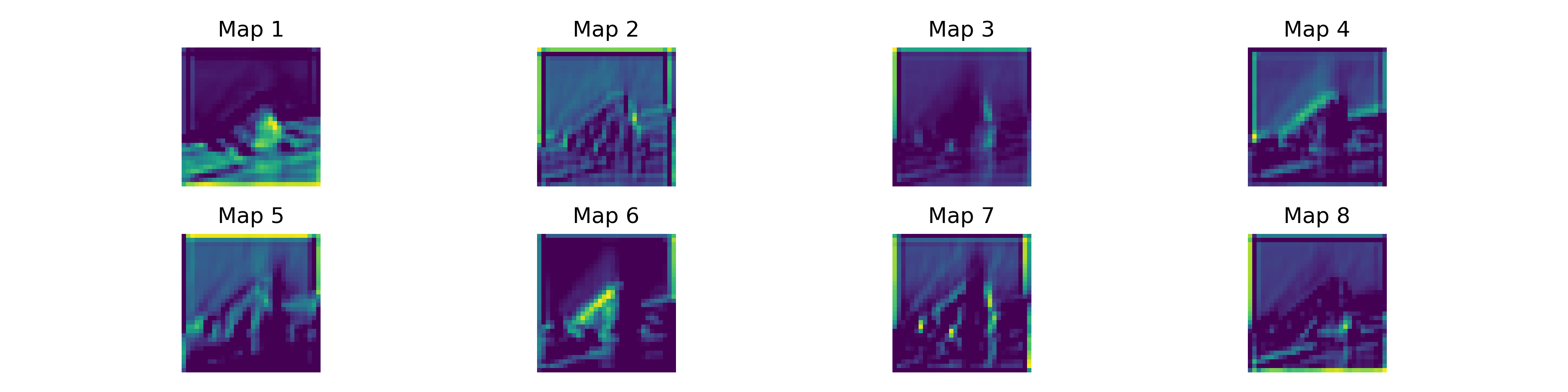 Eight feature maps from the first residual layer showing edge detection and frequency filters.